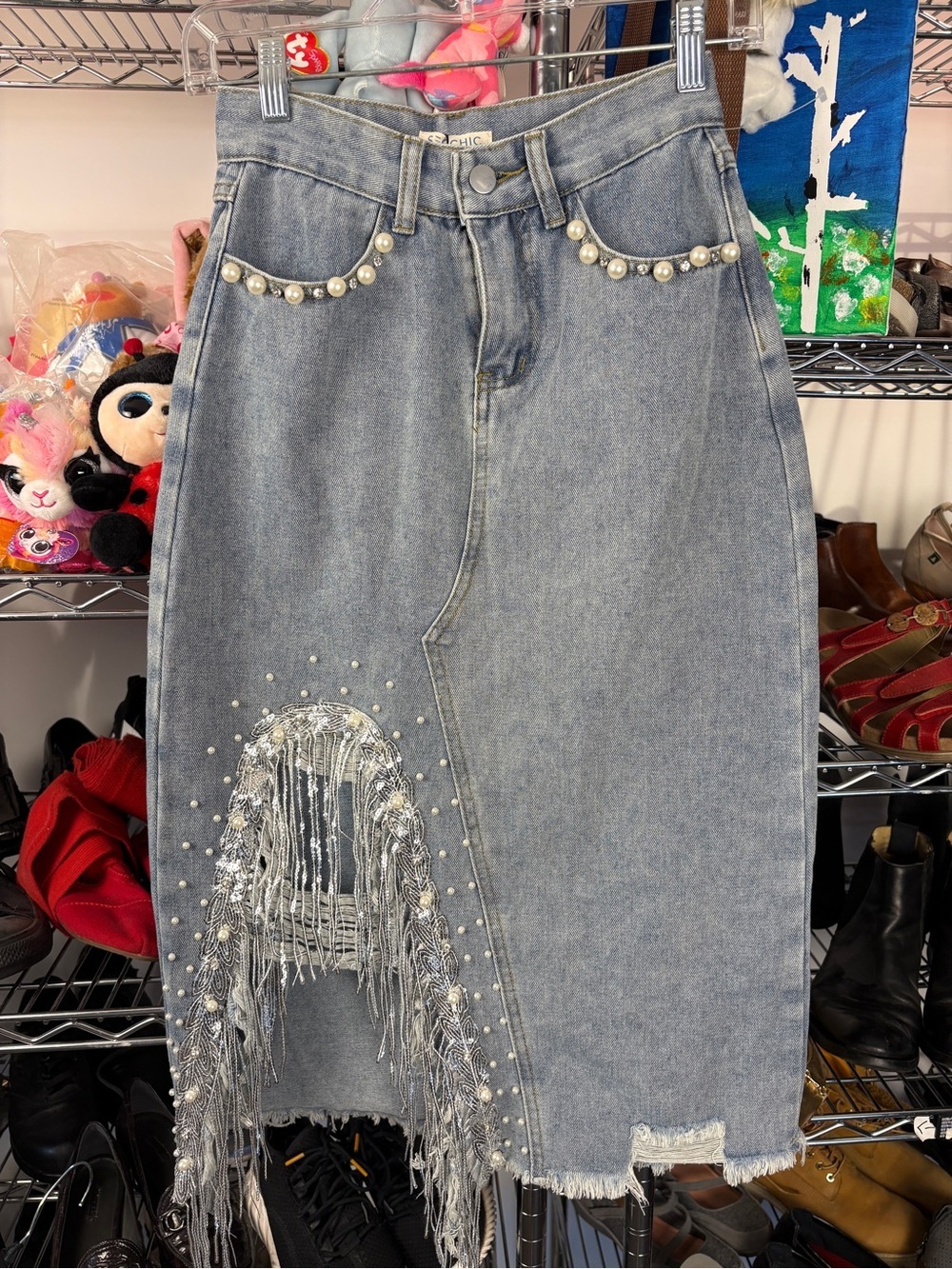 Y2K Pearl Beaded Denim Midi Silver Fringe Tassel Distressed Hem Boho Mermaid